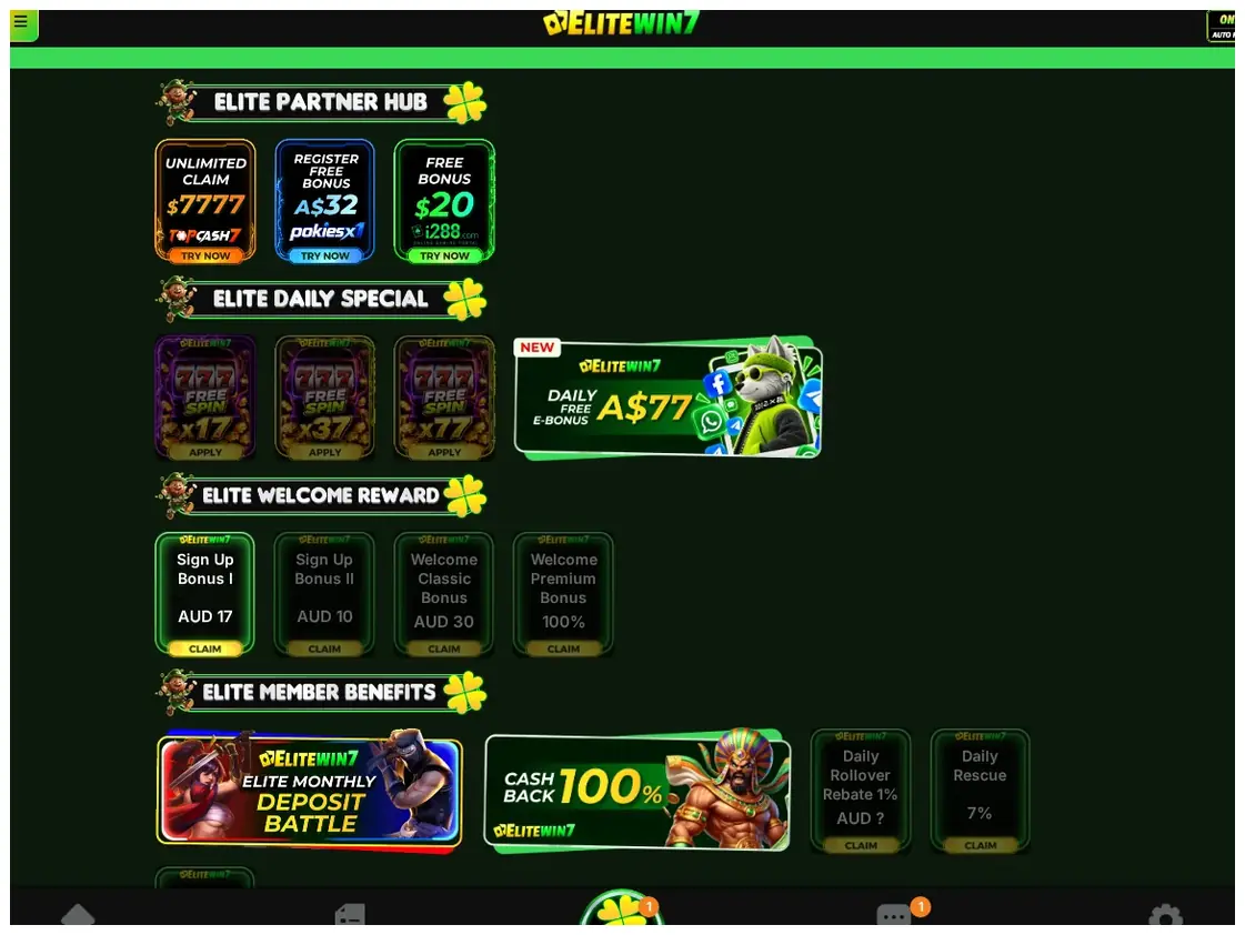 EliteWin7 Promotions and bonuses page, "Elite Partner Hub" with multiple bonus offers and daily specials, 19.10.2026