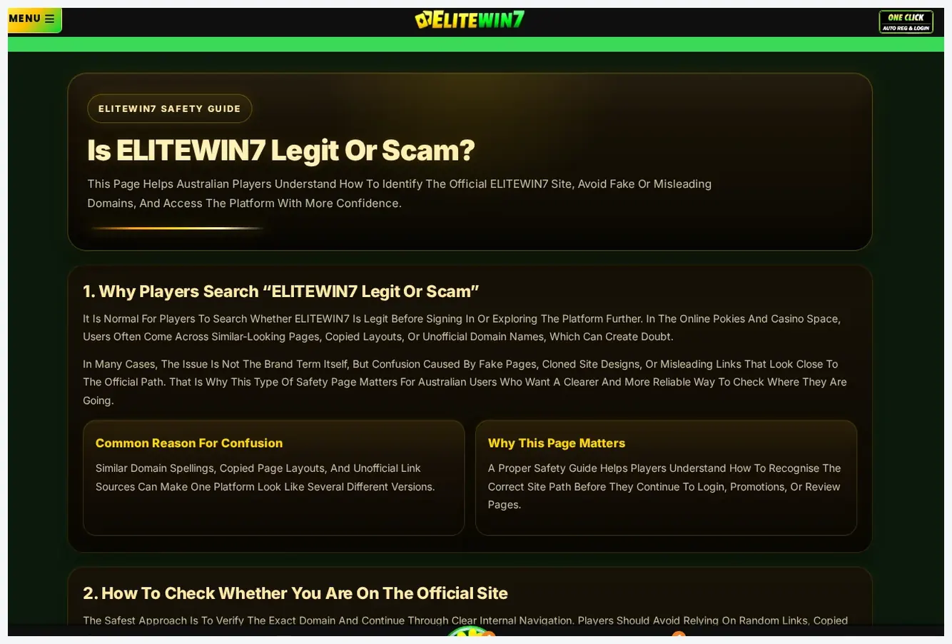 EliteWin7 safety guide page, "Is ELITEWIN7 Legit Or Scam?" header with subsections, 16.10.2026