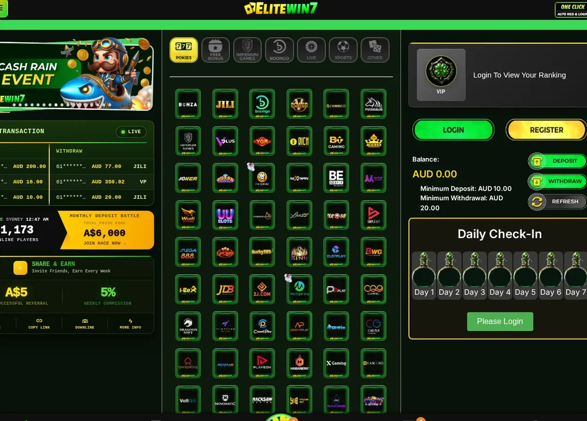 EliteWin7 casino home page, game provider grid with "POKIES", "FREE GAMES", "IMPERIUMGAMES" tabs, 19.10.2026