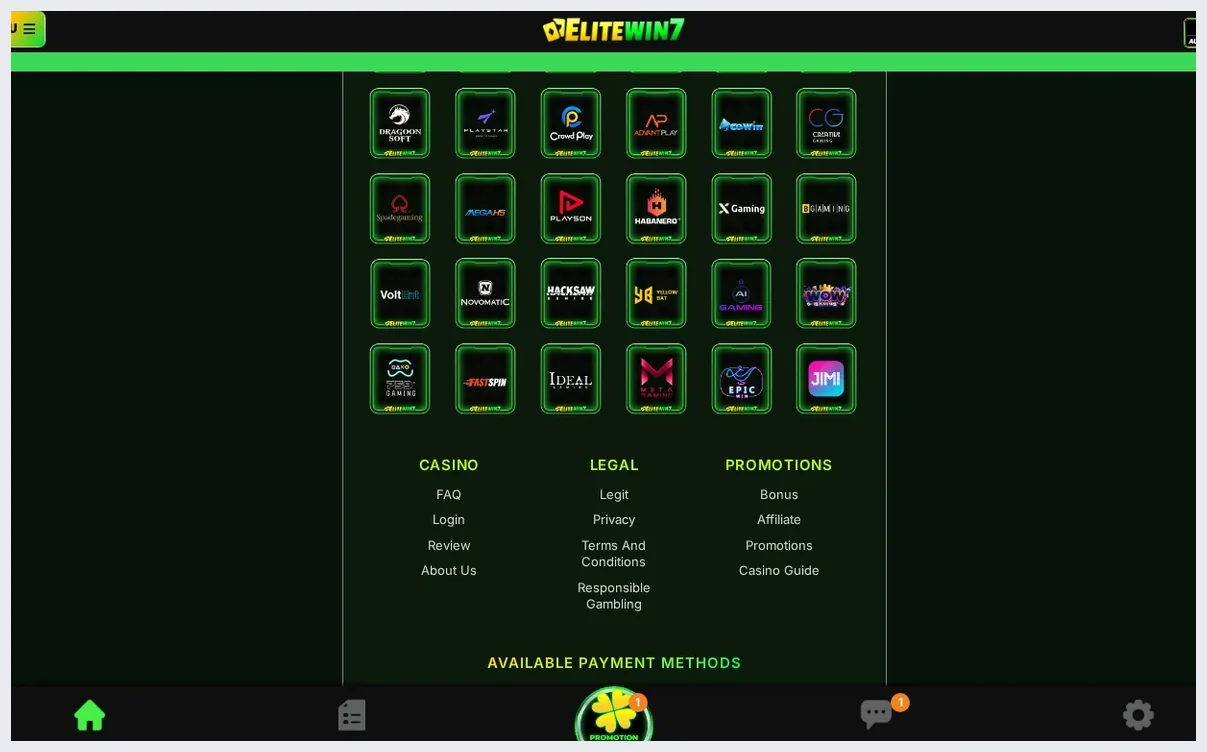 EliteWin7 games provider selection page, grid of 24 "game provider" logos and titles, 19.10.2026