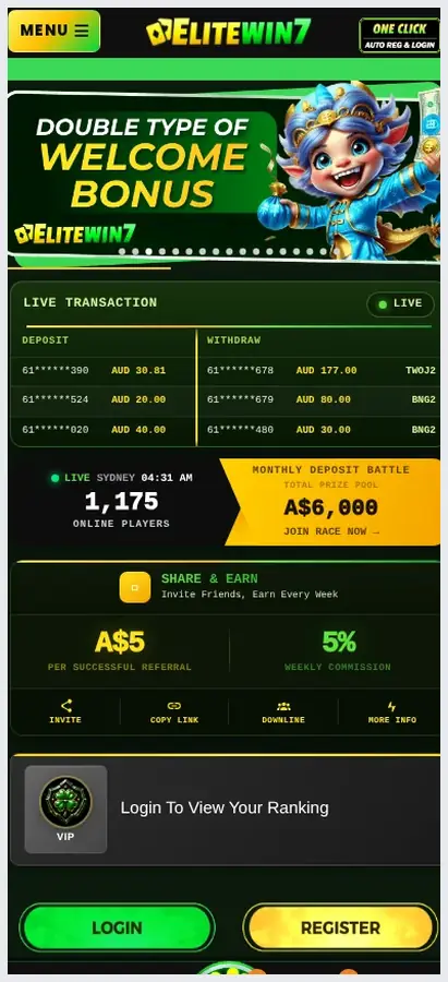 EliteWin7 mobile home page, "Double Type of Welcome Bonus" banner with live transaction list, 19.10.2026