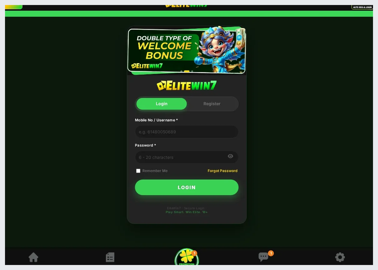 EliteWin7 login form modal, "LOGIN" button and credential input fields, 19.10.2026